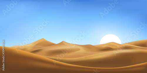 Vector illustration of desert panorama landscape with sand dunes on very hot sunny day summer  Minimalist panoramic cartoon nature empty sand and sun with clean sky.