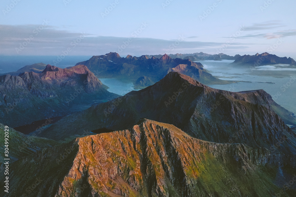 Norway landscape aerial view sunset mountains travel in Lofoten islands sunset nature visiting beautiful destinations