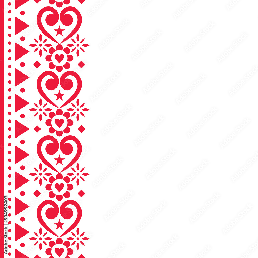 Valentine's Day vector greeting card or wedding inviatation vertical design - Scandinavian traditional embroidery folk art style with flowers Valentine's Day vector greeting card or wedding inviatation vertical design - Scandinavian traditional embroidery folk art style with flowers