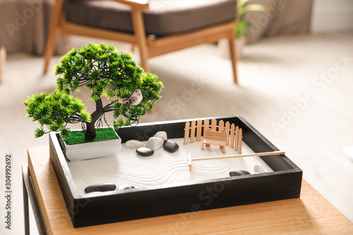 Beautiful Miniature Zen Garden on White Table Stock Photo - Image