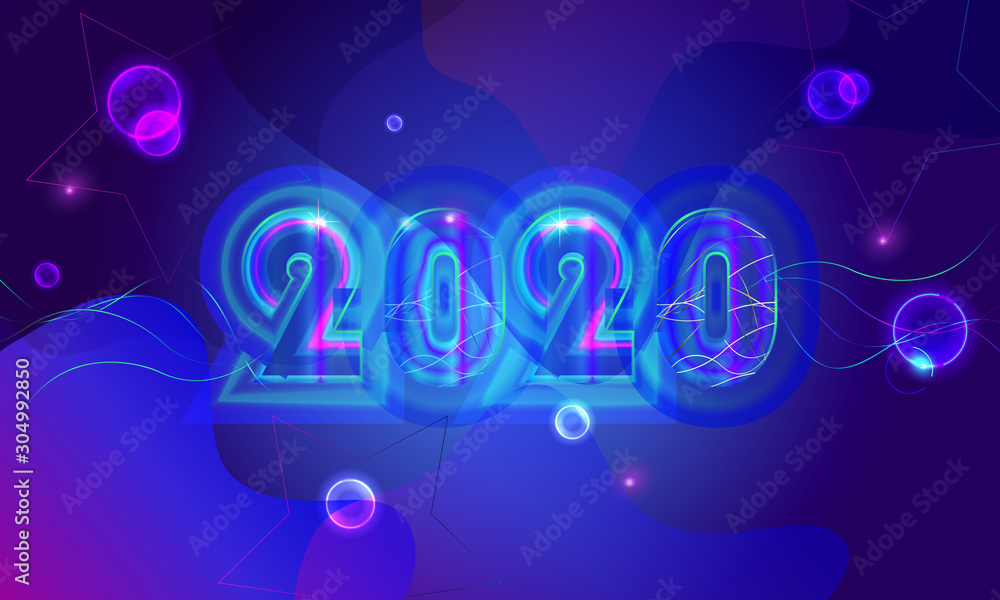 2020 happy new year and christmas winter holiday party festival decoration with stars, snow, snowflakes, fir tree, christmas ball, ornament, santa, snowman, glitter glowing light festive background