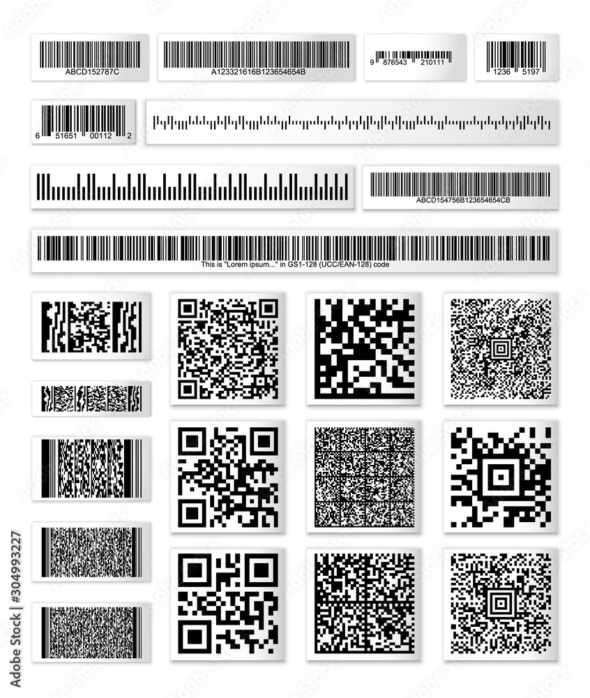 Barcode and QR Code Collection with a Random Set of Characters Stock