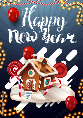 Happy New Year, vertical blue postcard with garland, red balloons and Christmas gingerbread house