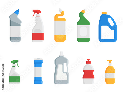 House cleaning products. Set of plastic detergent bottles isolated on white background