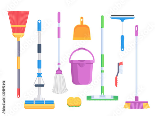 Set of cleaning house supplies. Housework broom and mop isolated on white background