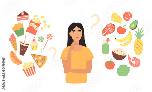 A woman chooses between healthy and unhealthy foods. Isolated concept of flat useful and fast useless clipart products vector illustration. Cartoon woman with a balanced diet, menu, diet.