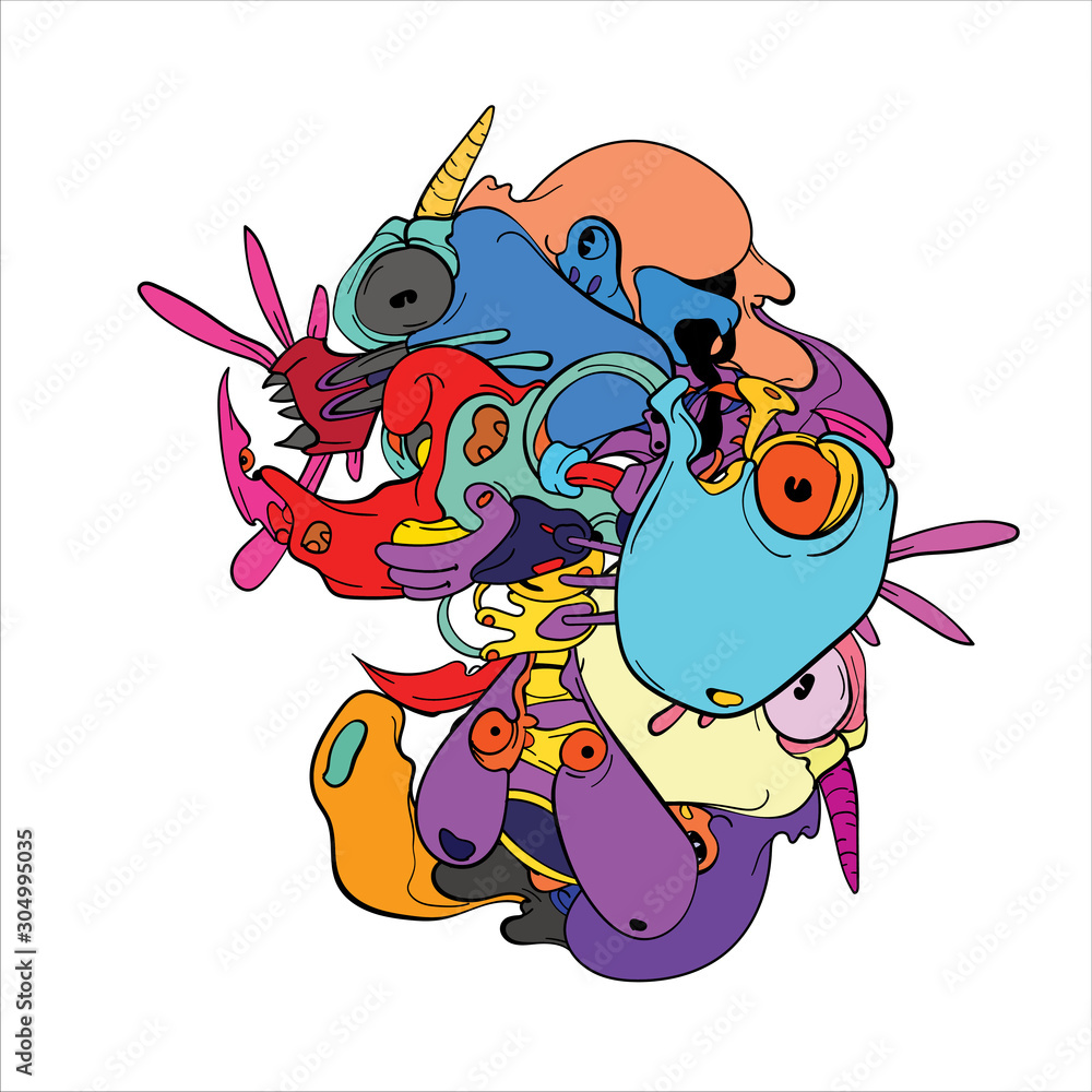 Vector abstract cartoon doodle skull, bone, insect, and head colorful illustration. Liquid and fluid abstract tribal tattoo, sticker and wallpaper background. Vector abstract cartoon doodle skull, bone, insect, and head colorful illustration. Liquid and fluid abstract tribal tattoo, sticker and wallpaper background.