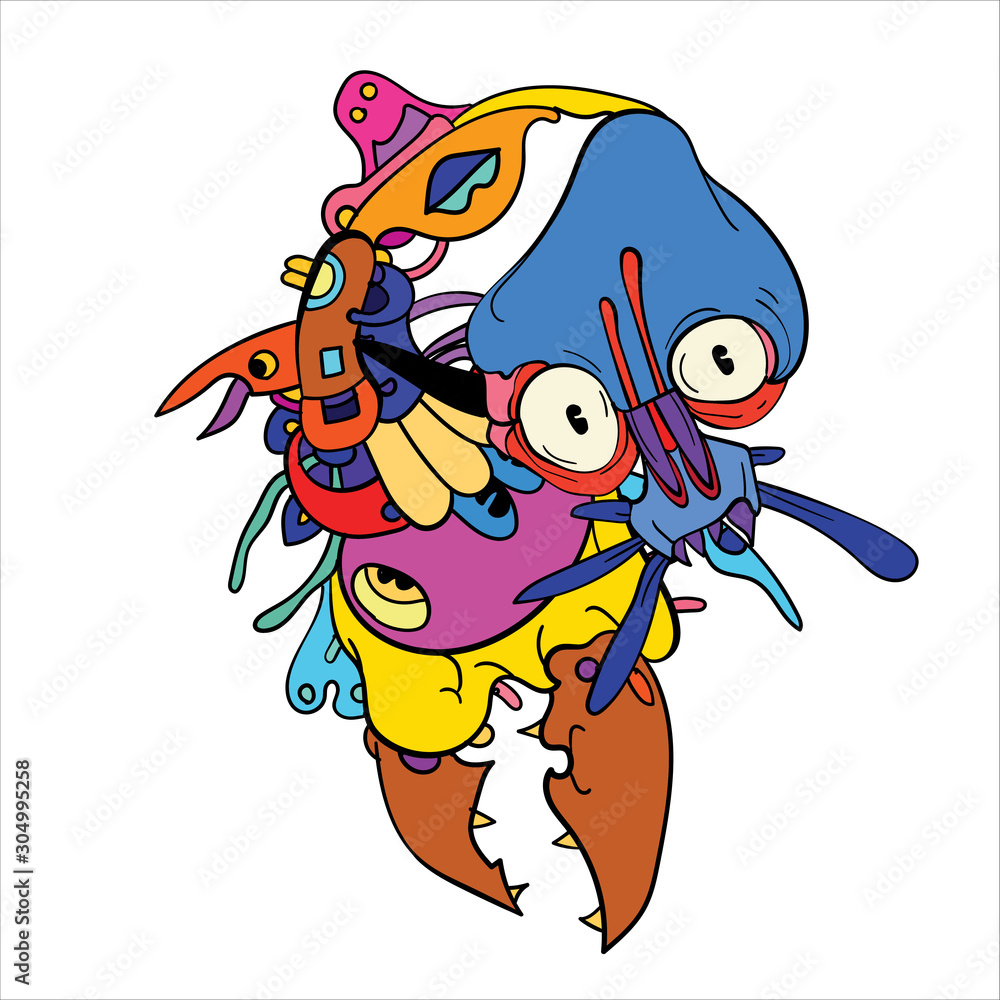 Naklejka premium Vector abstract&nbsp;cartoon&nbsp;doodle skull, bone, insect, and head colorful illustration. Liquid and fluid abstract&nbsp;tribal tattoo, sticker and wallpaper&nbsp;background.