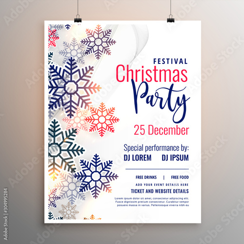 lovely white chtistmas party poster template with snowflakes photo