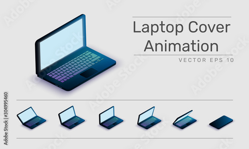 set of isometric blue laptop cover mockup concept for animation in perspective view. different angle rotation open tp close. cartoon flat design. saperate equipment. isolated illustration vector.