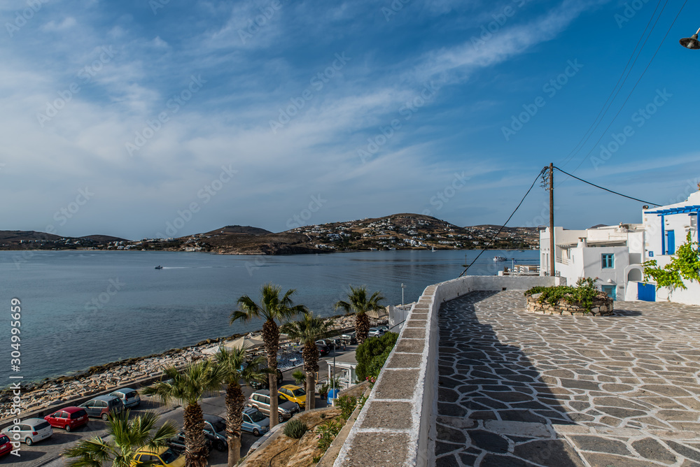 Seafront at Parikia the port of Paros island, in Cyclades, Greece