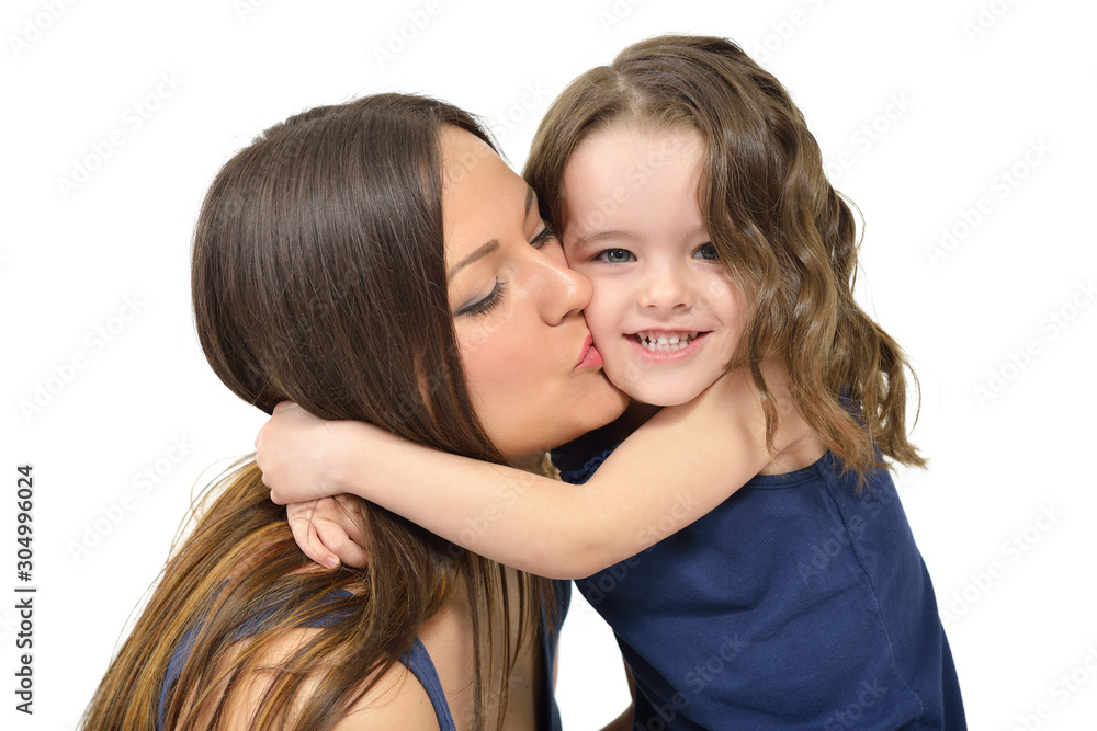 Mother and daughter. Portrait of little girl with her mother over white background. Mother and daughter. Portrait of little girl with her mother over white background.