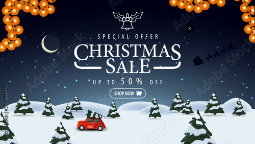 Special offer, Christmas sale, up to 50% off, blue discount banner with night winter landscape on background, starry sky and red vintage car carrying Christmas tree
