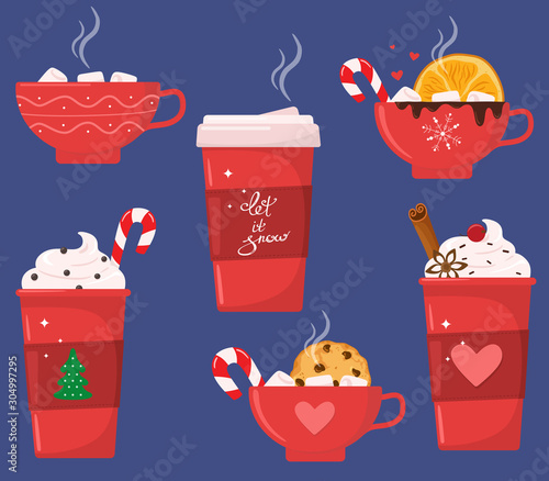Christmas holiday coffee or chocolate mug. Cocoa with marshmallows, warming winter drinks. Christmas hot chocolate mugs or winter cappuccino and latte cups. Vector set of hot drinks.
