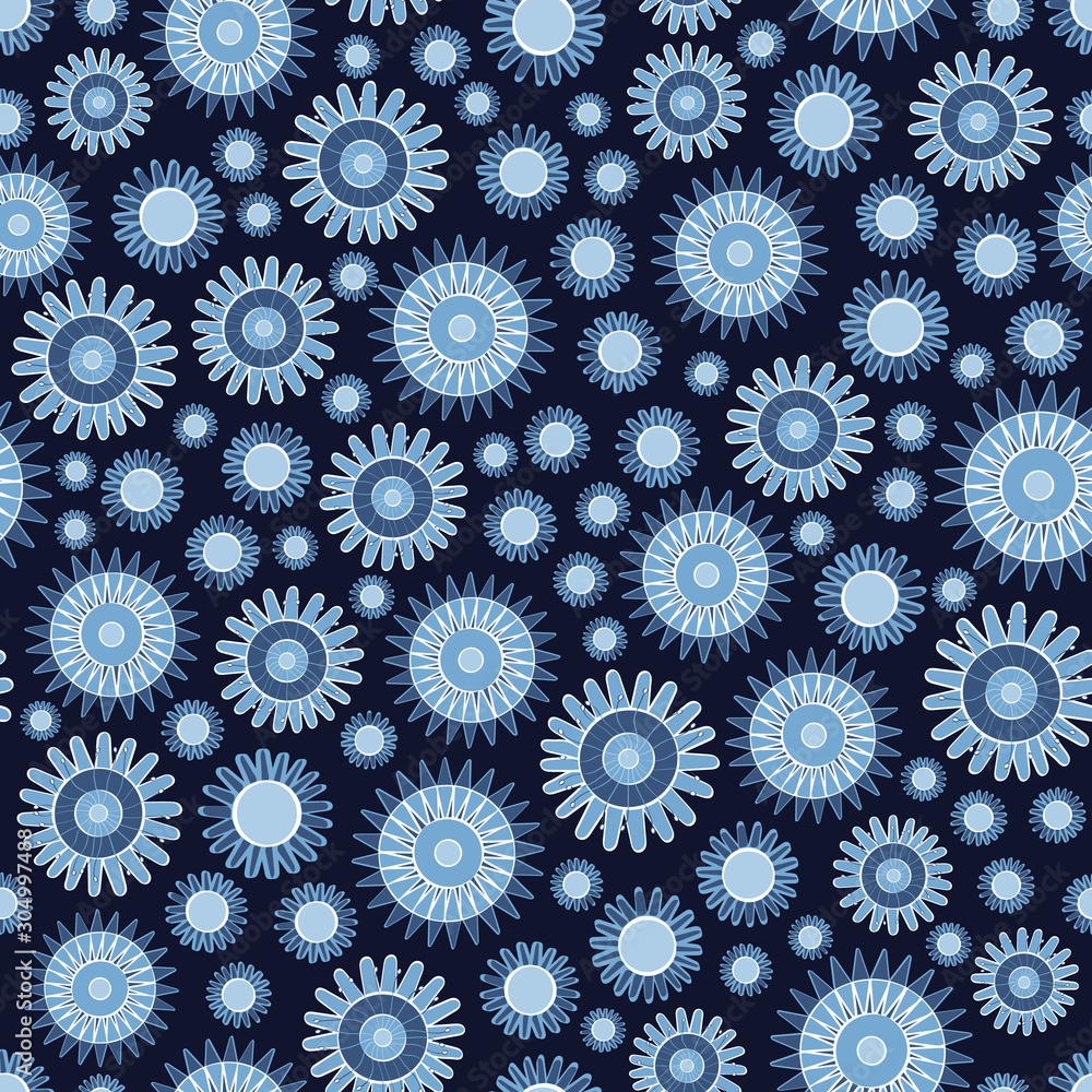 Vector Blue Flowers Scattered on a Dark Blue Background. Background for textiles, cards, manufacturing, wallpapers, print, gift wrap and scrapbooking. Vector Blue Flowers Scattered on a Dark Blue Background. Background for textiles, cards, manufacturing, wallpapers, print, gift wrap and scrapbooking.