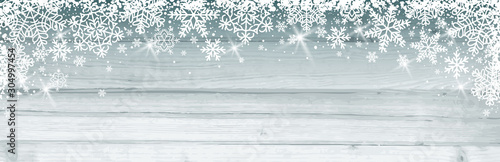 Grey wooden christmas banner with white snowflakes. Merry Christmas and Happy New Year greeting banner. Horizontal new year background, headers, posters, cards, website.Vector illustration