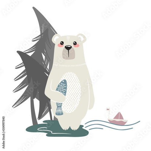 Cute bear on a background of trees. Hand drawn illustration in scandinavian style