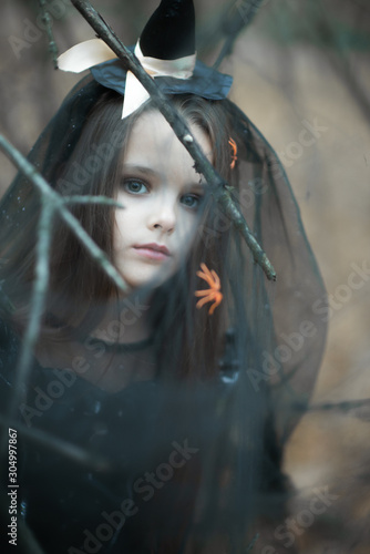 Beautiful little girl with long brunette hair, dressed in a witch dress and hat walks in fall forest. Halloween horror. Witches in darkness photo