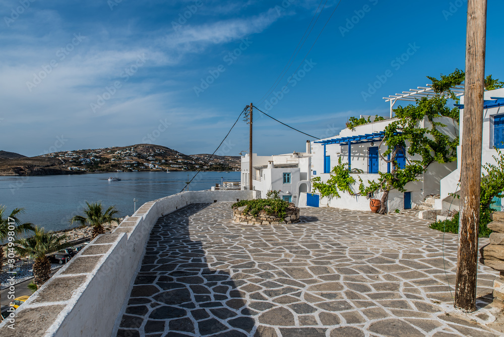 Traditional small alleys at Parikia the port of Paros island, in Cyclades, Greece