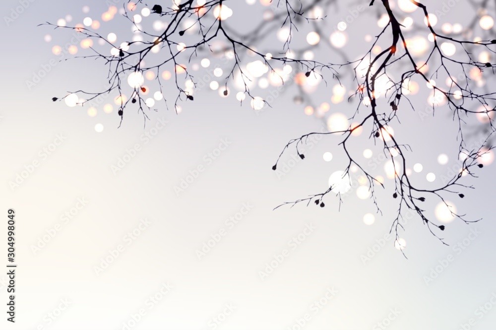 Christmas garland glitters and sparkles on a tree branch. Festive blurred background. Light abstract pearl matte texture. - obrazy, fototapety, plakaty 
