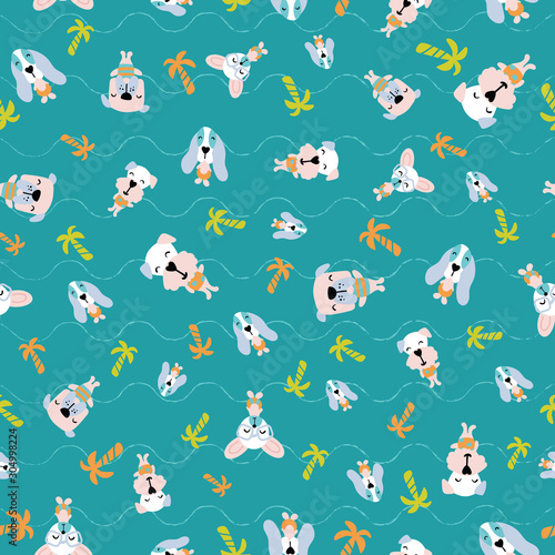 Seamless pattern of cute puppies or dogs on vacation enjoying summertime at beach with wavy lines. Surface design for textile, fabric, wallpaper, wrapping, gift-wrap, paper, scrapbook and packaging.