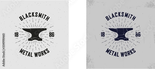 Vector illustration of a blacksmith logo with grunge texture on the background. Color illustration of anvil, rays and textured texture. Professional blacksmith services