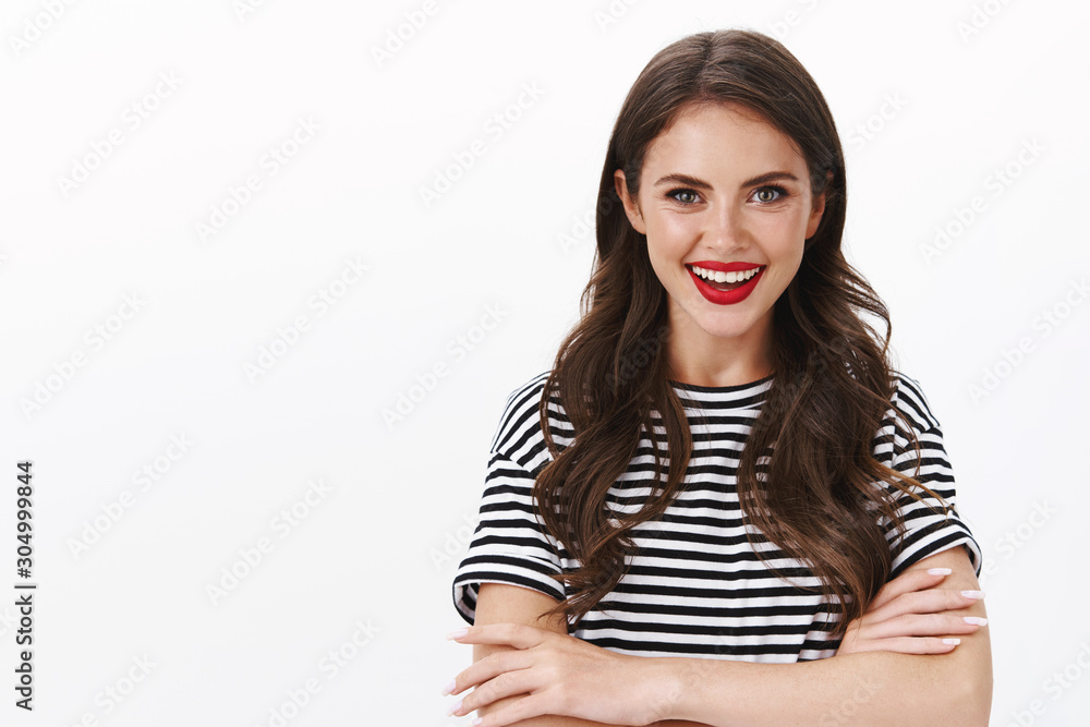 Alluring confident ambitious european woman with red makeup, hold hand crossed looking assertive and determined, aim success, start own business stare self-assured, white background Alluring confident ambitious european woman with red makeup, hold hand crossed looking assertive and determined, aim success, start own business stare self-assured, white background