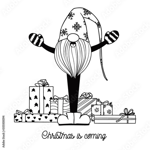 Scandinavian Christmas gnome sings. Sketch of a cute gnome with gifts