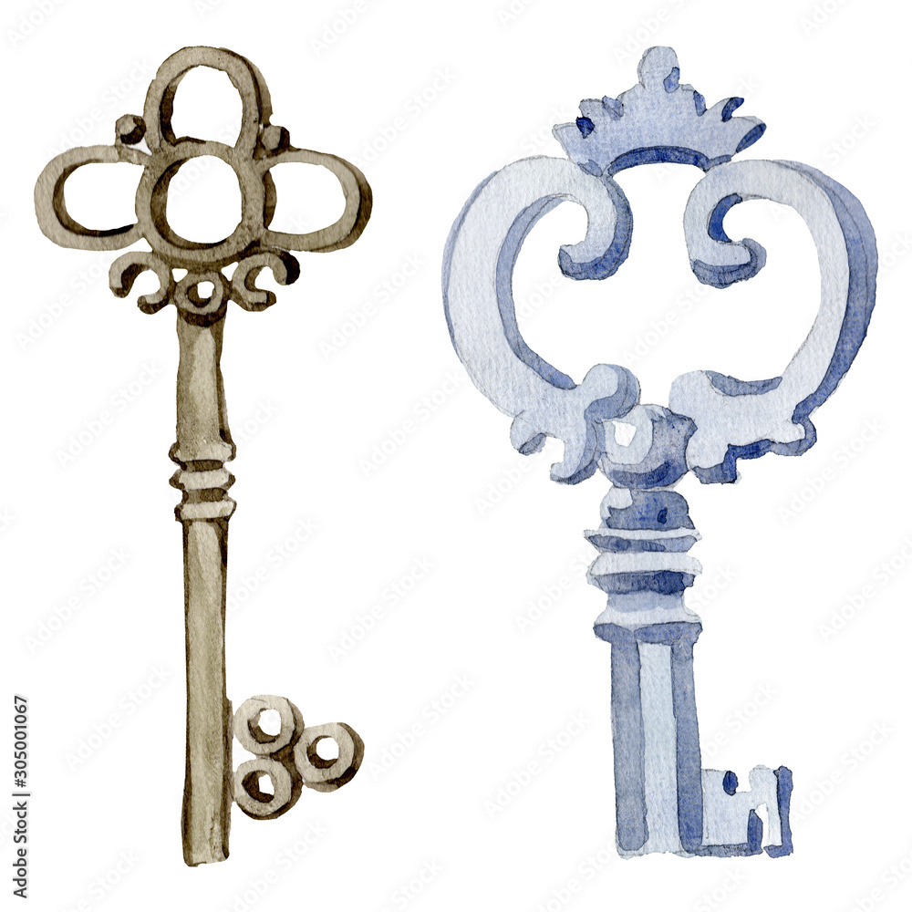 Obraz premium Isolated old key illustration element. Watercolor background illustration set. Isolated keys illustration element.