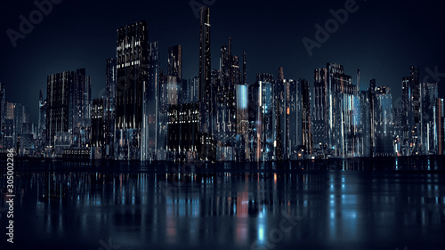 3D Rendering of modern skyscraper buildings in large city at night with reflection on wet  puddle street after raining. Concept for night life  business vision  technology product
