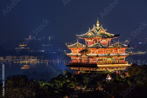 Night view of illuminated Cheng Huang Ge, also known as City God Pavillion, Hangzhou, China