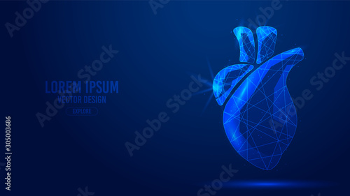 Heart human organ geometric lines, low polygon triangles style wireframe vector banner template. Isolated medicine science technology concept on a blue background.