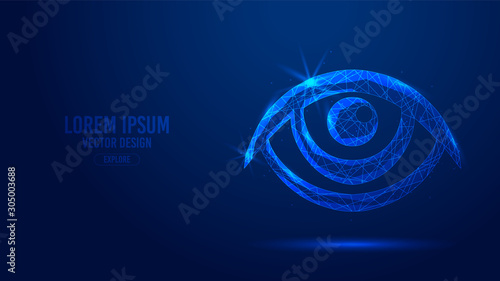 Eyes human organ geometric lines, low polygon triangles style wireframe vector banner template. Isolated medicine science technology concept on a blue background.