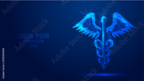 Caduceus staff snake wings geometric lines, low polygon triangles style wireframe vector banner template. Isolated medicine science technology concept on a blue background.