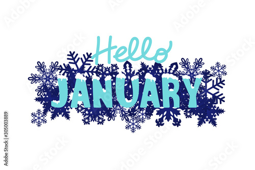 Hello January winter font with white snow on top and snowflakes around on night dark blue background for Christmas and New year poster, trendy banner, printing. Modern stilized design of typography photo