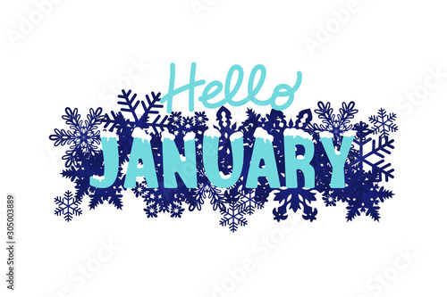 Hello January winter font with white snow on top and snowflakes around on night dark blue background for Christmas and New year poster, trendy banner, printing. Modern stilized design of typography