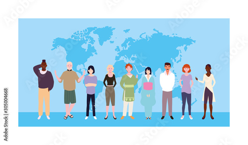 group of people with earth map