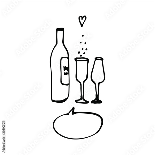 Hand drawn line art vector, two glass icon of drink and bottle, decorative heart on a white background isolated for use in design, doodle illustration, fashion, logo, postcard