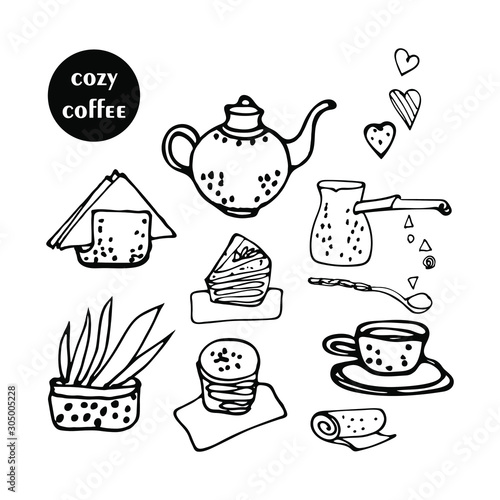 Hand drawn line art vector set of hand drawn icons for coffee houses isolated on white background, надпись Turk, cup and saucer, spoon, milk jug, dessert, napkins, coffee inscription, flower for use i