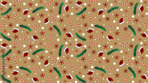 Christmas brown texture with Santa Claus hat, Christmas tree branches, candy cane and snowflake