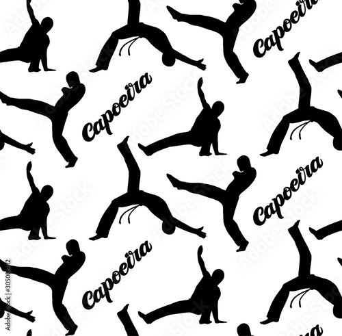 Capoeira seamless pattern, african dancers making different combat elements of martial arts, dance and fight combination, movements with music. Brazilian contest decor, poster, printing. Vector art