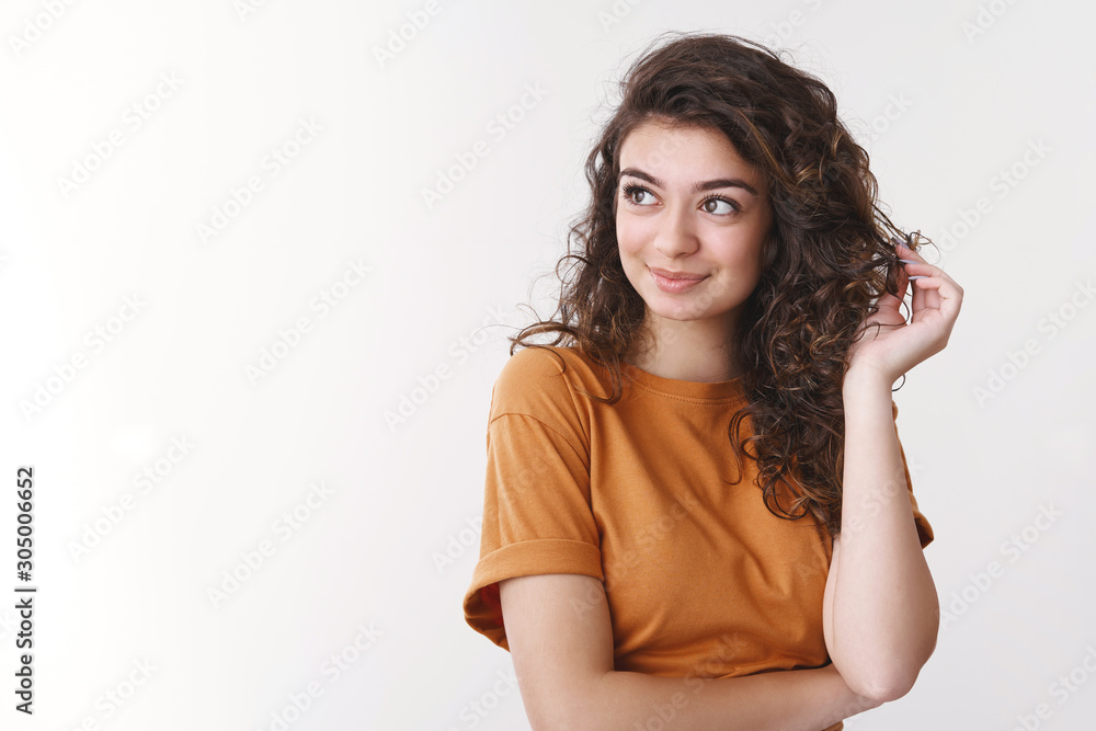 Romantic tender young successful young woman playing hair look left smiling happily daydreaming thinking lovely joyful moment recall nice memories standing white background cheerful lucky Romantic tender young successful young woman playing hair look left smiling happily daydreaming thinking lovely joyful moment recall nice memories standing white background cheerful lucky