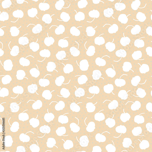 Retro floral apple pattern. Seamless vector background. White cutout apple shape on dotted background. Ornament for fabric, wallpaper, packaging, Decorative print. Vintage kitchen background.