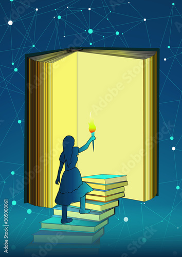 An open book and the silhouette of a girl with a torch walking down the steps of books