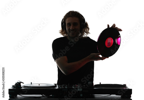 Silhouette of male dj playing music on white background