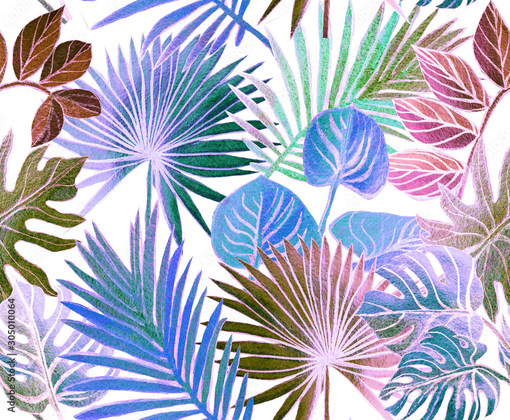 Fototapeta Tropical pattern painted with shiny paints. rose gold tropical leafs