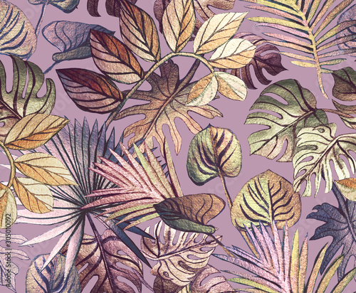 Tropical pattern painted with shiny paints. rose gold tropical leafs