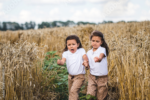 Two adorable little sisters walking happily in wheat field on warm and sunny summer day