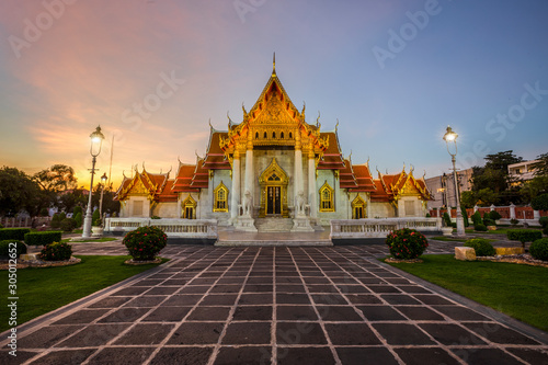 Beautiful Thai Marble Temple (Wat Benchamabophit) during twilight © funfunphoto