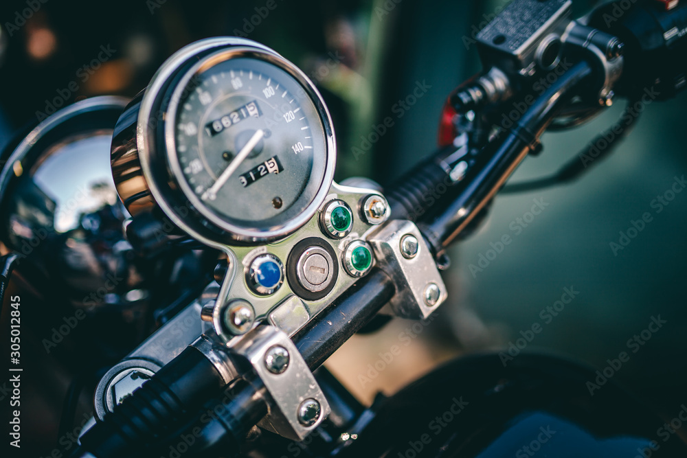 Fototapeta premium Motorcycle speedometer in close up view, speed meter 